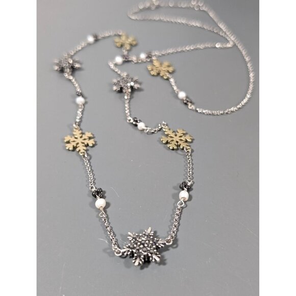 Gray Rhinestone Two Tone Snowflake Station Chain Necklace Pearl Christmas Holida - Picture 1 of 8
